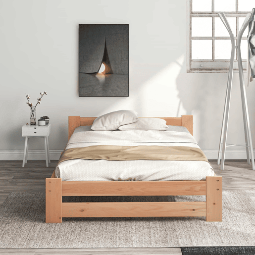 Cama individual de madeira maciça 90x200cm com cabeceira e estrado de molas - Natural