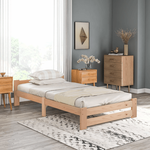Cama individual de madeira maciça 90x200cm com cabeceira e estrado de molas - Natural