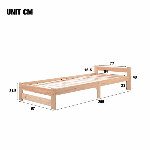 Cama individual de madeira maciça 90x200cm com cabeceira e estrado de molas - Natural
