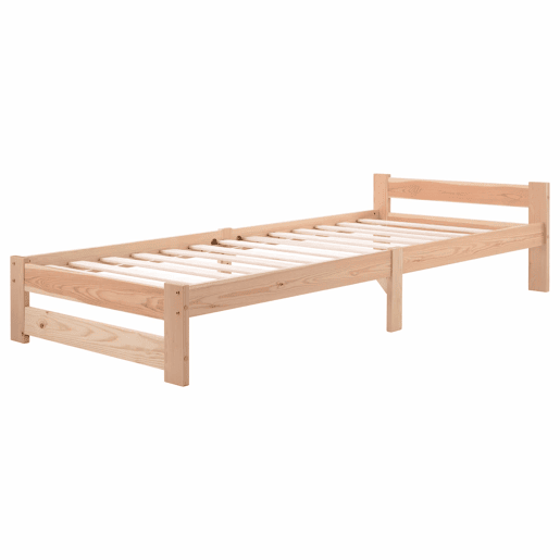 Cama individual de madeira maciça 90x200cm com cabeceira e estrado de molas - Natural