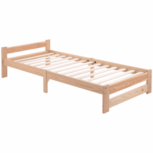 Cama individual de madeira maciça 90x200cm com cabeceira e estrado de molas - Natural