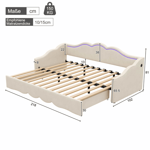 Cama individual 90 x 200 cm - extensível até 180 cm, com LED e porta USB - bege