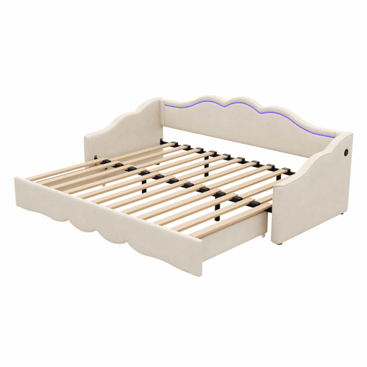 Cama individual 90 x 200 cm - extensível até 180 cm, com LED e porta USB - bege