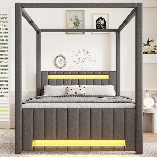 Cama com dossel estofada 140x200 cm - com cama extra, 3 gavetas e iluminação LED - cinzenta