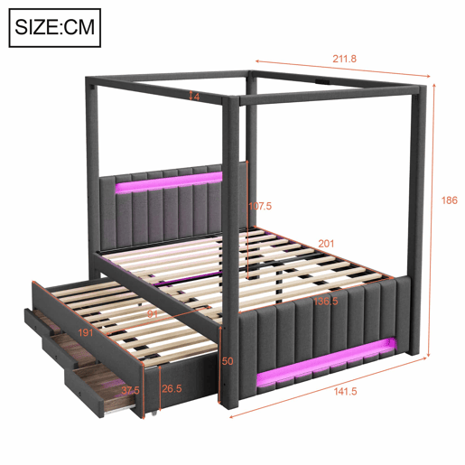 Cama com dossel estofada 140x200 cm - com cama extra, 3 gavetas e iluminação LED - cinzenta