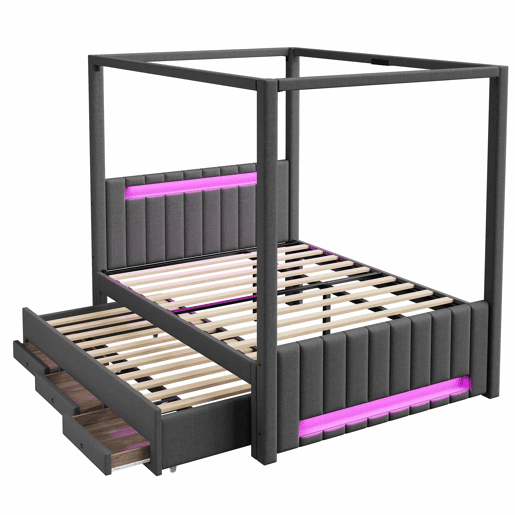 Cama com dossel estofada 140x200 cm - com cama extra, 3 gavetas e iluminação LED - cinzenta