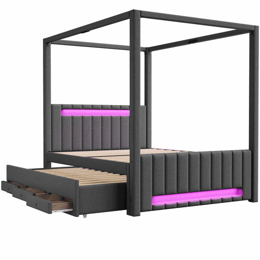 Cama com dossel estofada 140x200 cm - com cama extra, 3 gavetas e iluminação LED - cinzenta