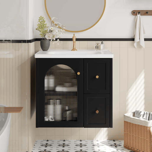 Móvel de casa de banho suspenso 60x47 cm - Lavatório em cerâmica, LED, porta em vidro canelado, puxadores metálicos, fecho suave - Preto