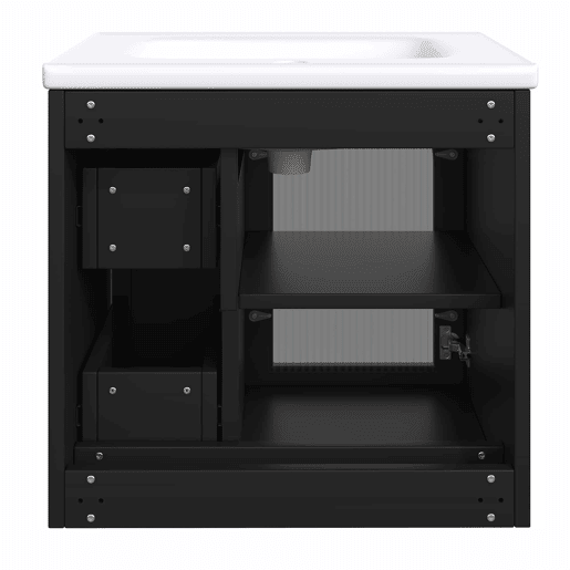 Móvel de casa de banho suspenso 60x47 cm - Lavatório em cerâmica, LED, porta em vidro canelado, puxadores metálicos, fecho suave - Preto