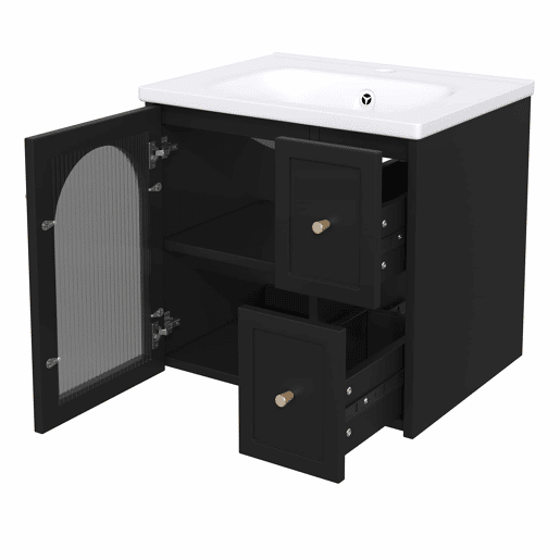 Móvel de casa de banho suspenso 60x47 cm - Lavatório em cerâmica, LED, porta em vidro canelado, puxadores metálicos, fecho suave - Preto
