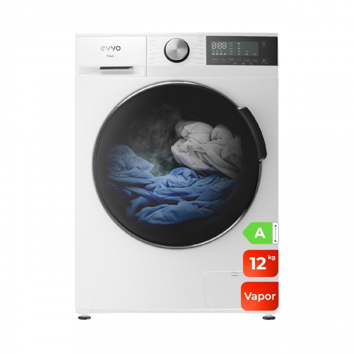 Evvo lavadora 12kg, vapor, motor inverter, bajo consumo, clase a, hygiene pro, lavado rápido 15`, tambor eprotect, smart load, 1
