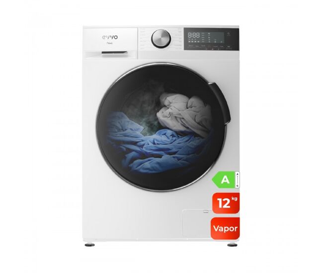 Evvo lavadora 12kg, vapor, motor inverter, bajo consumo, clase a, hygiene pro, lavado rápido 15`, tambor eprotect, smart load, 1