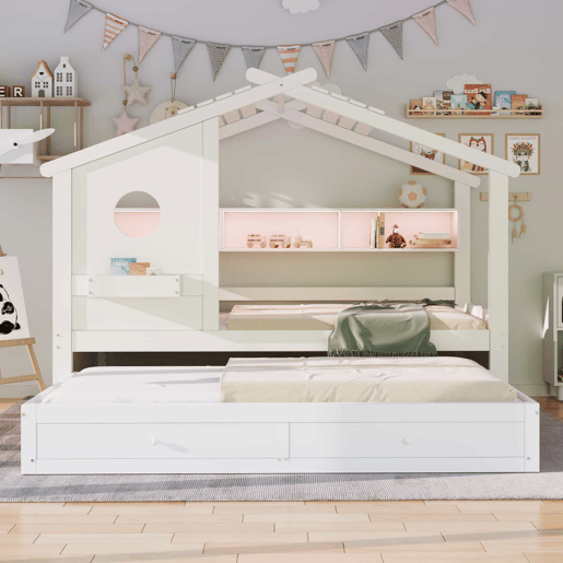 Cama infantil 90x200 - Cama extraível 90x190, design em forma de casa, com duas gavetas, portas de carregamento USB e Type-C, LED, com prateleiras - Branco