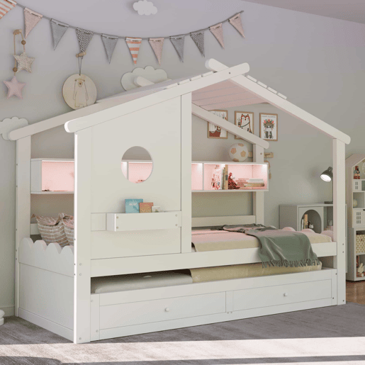 Cama infantil 90x200 - Cama extraível 90x190, design em forma de casa, com duas gavetas, portas de carregamento USB e Type-C, LED, com prateleiras - Branco