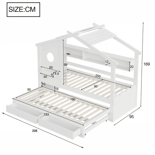 Cama infantil 90x200 - Cama extraível 90x190, design em forma de casa, com duas gavetas, portas de carregamento USB e Type-C, LED, com prateleiras - Branco