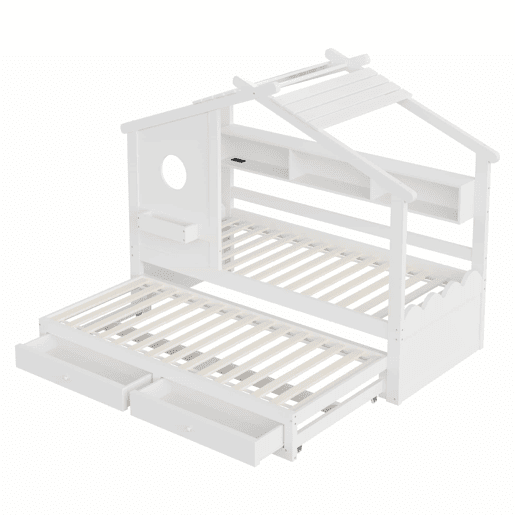 Cama infantil 90x200 - Cama extraível 90x190, design em forma de casa, com duas gavetas, portas de carregamento USB e Type-C, LED, com prateleiras - Branco