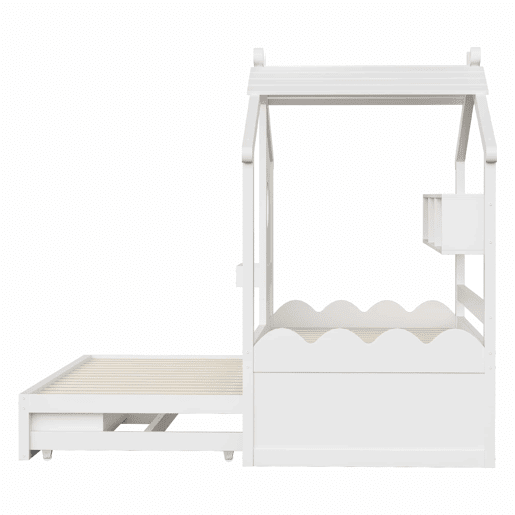 Cama infantil 90x200 - Cama extraível 90x190, design em forma de casa, com duas gavetas, portas de carregamento USB e Type-C, LED, com prateleiras - Branco