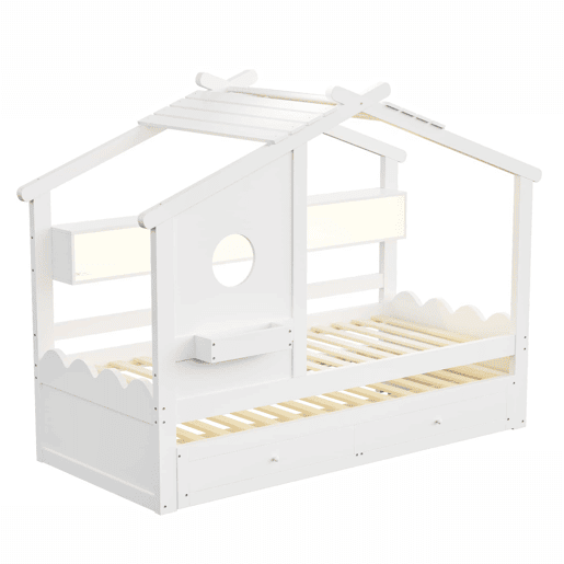 Cama infantil 90x200 - Cama extraível 90x190, design em forma de casa, com duas gavetas, portas de carregamento USB e Type-C, LED, com prateleiras - Branco