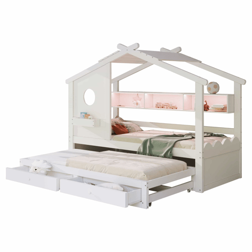 Cama infantil 90x200 - Cama extraível 90x190, design em forma de casa, com duas gavetas, portas de carregamento USB e Type-C, LED, com prateleiras - Branco
