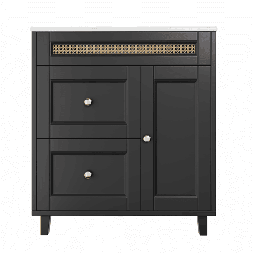 Móvel de casa de banho com lavatório 76x46x86,5 cm - gavetas com corrediças silenciosas, portas com fecho suave, puxadores dourados, detalhes em rattan, lavatório em cerâmica - preto