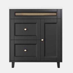 Móvel de casa de banho com lavatório 76x46x86,5 cm - gavetas com corrediças silenciosas, portas com fecho suave, puxadores dourados, detalhes em rattan, lavatório em cerâmica - preto