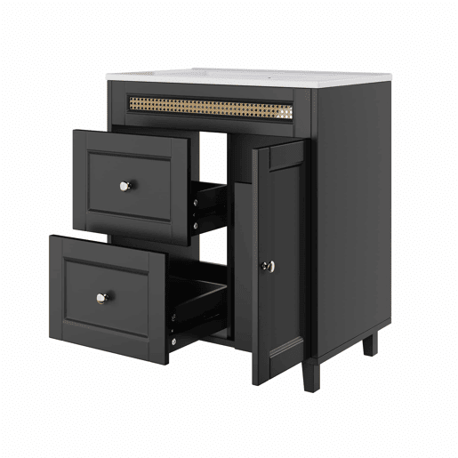 Móvel de casa de banho com lavatório 76x46x86,5 cm - gavetas com corrediças silenciosas, portas com fecho suave, puxadores dourados, detalhes em rattan, lavatório em cerâmica - preto