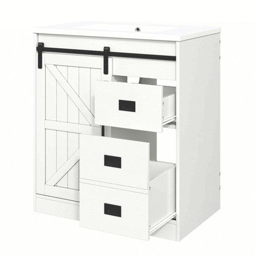 Móvel de casa de banho de 91,5 cm - Armário com portas tipo celeiro, lavatório de cerâmica, gavetas e compartimento - Branco