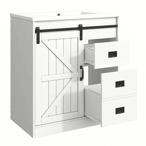 Móvel de casa de banho de 91,5 cm - Armário com portas tipo celeiro, lavatório de cerâmica, gavetas e compartimento - Branco