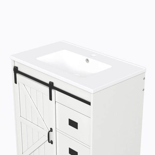 Móvel de casa de banho de 91,5 cm - Armário com portas tipo celeiro, lavatório de cerâmica, gavetas e compartimento - Branco