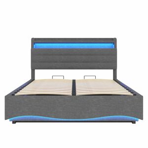 Cama estofada 140x200 cm - LED, hidráulica, USB e Tipo-C, arrumação, linho - Cinza