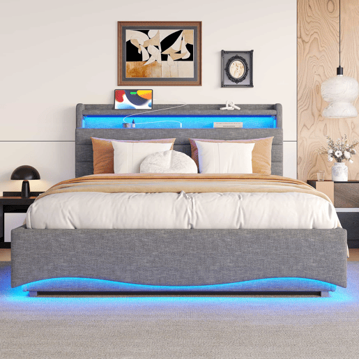 Cama estofada 140x200 cm - LED, hidráulica, USB e Tipo-C, arrumação, linho - Cinza