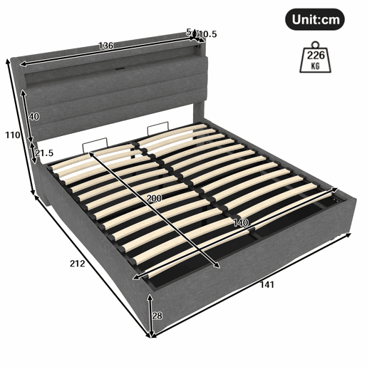 Cama estofada 140x200 cm - LED, hidráulica, USB e Tipo-C, arrumação, linho - Cinza