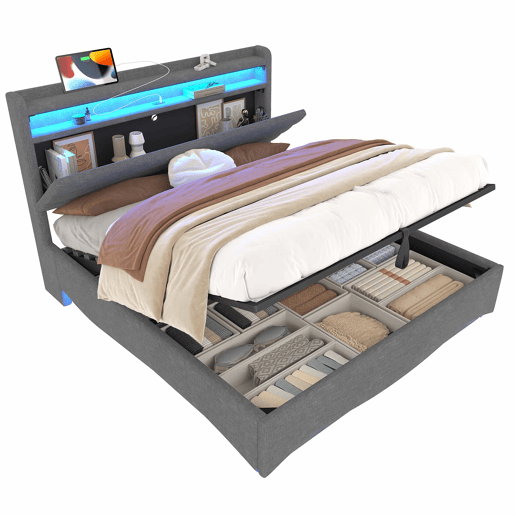 Cama estofada 140x200 cm - LED, hidráulica, USB e Tipo-C, arrumação, linho - Cinza