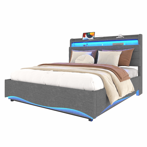 Cama estofada 140x200 cm - LED, hidráulica, USB e Tipo-C, arrumação, linho - Cinza