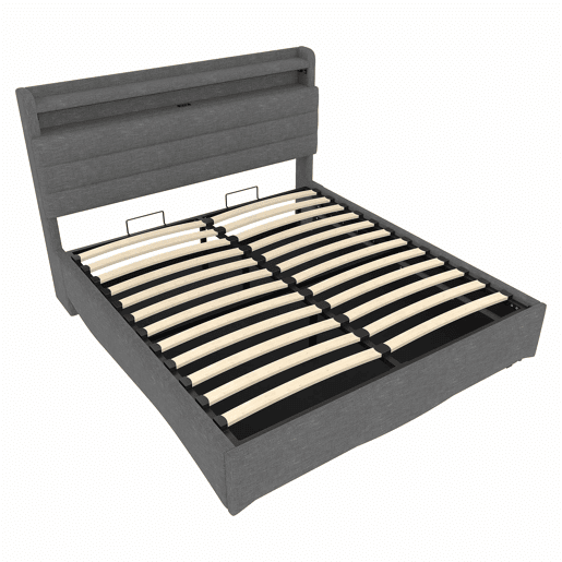 Cama estofada 140x200 cm - LED, hidráulica, USB e Tipo-C, arrumação, linho - Cinza