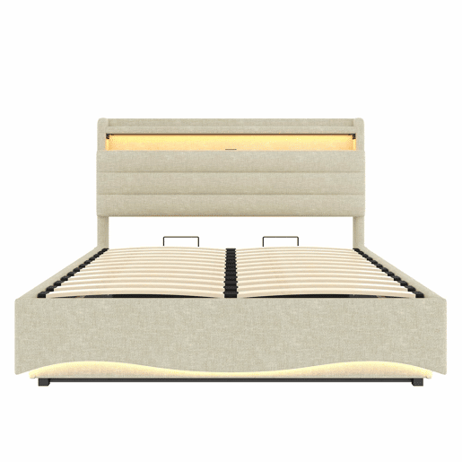 Cama estofada 140x200 cm - com iluminação LED, mecanismo hidráulico, portas USB e Tipo-C, compartimento e prateleiras, tecido de linho - Bege