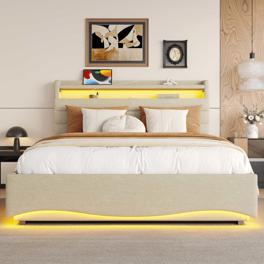 Cama estofada 140x200 cm - com iluminação LED, mecanismo hidráulico, portas USB e Tipo-C, compartimento e prateleiras, tecido de linho - Bege
