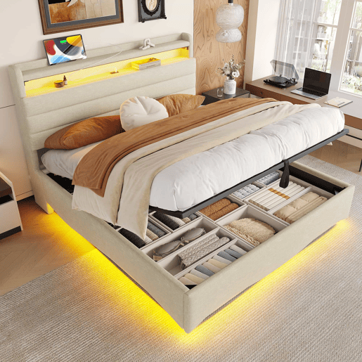 Cama estofada 140x200 cm - com iluminação LED, mecanismo hidráulico, portas USB e Tipo-C, compartimento e prateleiras, tecido de linho - Bege