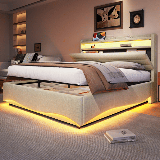 Cama estofada 140x200 cm - com iluminação LED, mecanismo hidráulico, portas USB e Tipo-C, compartimento e prateleiras, tecido de linho - Bege