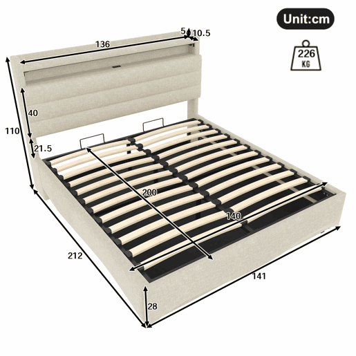 Cama estofada 140x200 cm - com iluminação LED, mecanismo hidráulico, portas USB e Tipo-C, compartimento e prateleiras, tecido de linho - Bege