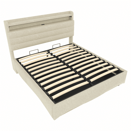 Cama estofada 140x200 cm - com iluminação LED, mecanismo hidráulico, portas USB e Tipo-C, compartimento e prateleiras, tecido de linho - Bege