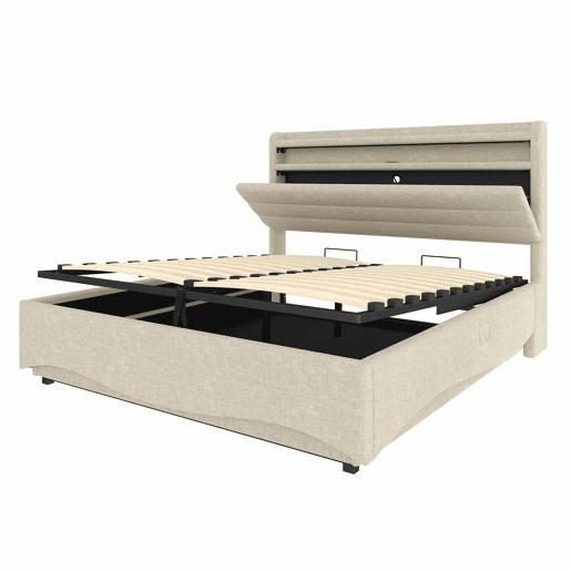 Cama estofada 140x200 cm - com iluminação LED, mecanismo hidráulico, portas USB e Tipo-C, compartimento e prateleiras, tecido de linho - Bege