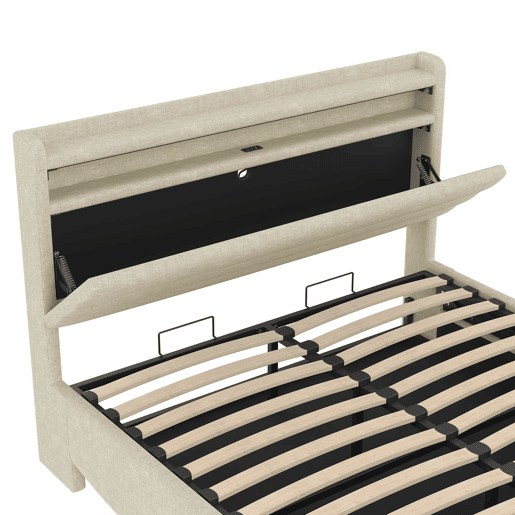 Cama estofada 140x200 cm - com iluminação LED, mecanismo hidráulico, portas USB e Tipo-C, compartimento e prateleiras, tecido de linho - Bege