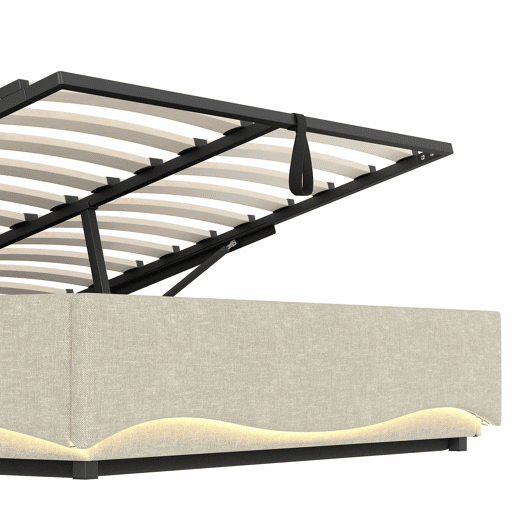 Cama estofada 140x200 cm - com iluminação LED, mecanismo hidráulico, portas USB e Tipo-C, compartimento e prateleiras, tecido de linho - Bege