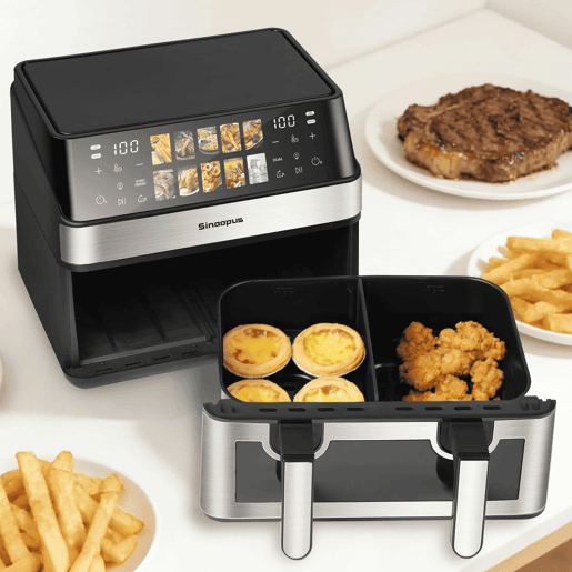 Fritadeira de ar quente de duas câmaras - 10 programas de cozedura, forno de ar quente sem óleo, ecrã tátil, 2 câmaras, temperatura máxima de 200 ? - Preto