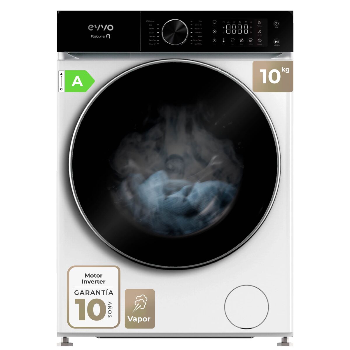 Evvo lavadora carga fronntal nature r - capacidad de 10 kg, 1400 rpm, eficiencia energética a - vapor higienizante