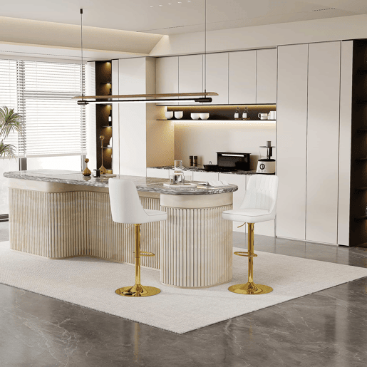 Bancos de bar (2 unidades) - Ajustáveis, giratórios a 360°, encosto almofadado em PU branco - Branco e dourado