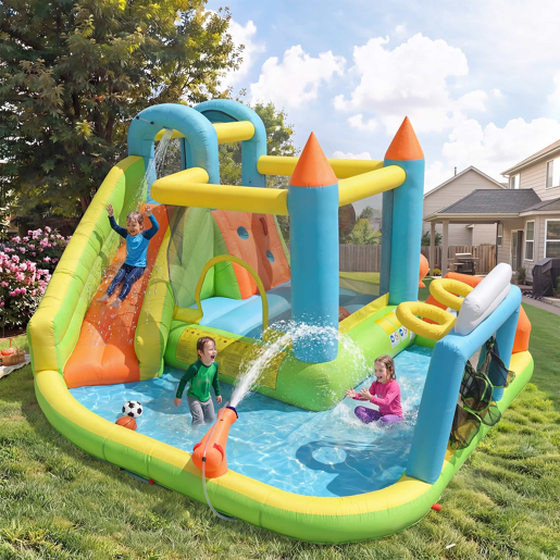 Castelo insuflável para crianças 360x320x200 cm - Com escorrega, área de salto, piscina, rede de futebol e aro de basquetebol - Cores vivas