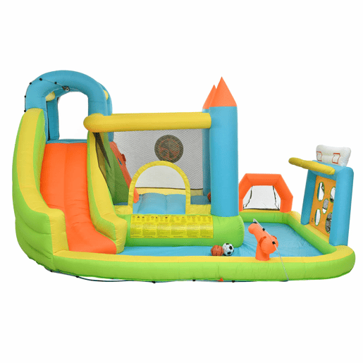 Castelo insuflável para crianças 360x320x200 cm - Com escorrega, área de salto, piscina, rede de futebol e aro de basquetebol - Cores vivas