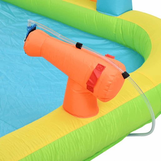Castelo insuflável para crianças 360x320x200 cm - Com escorrega, área de salto, piscina, rede de futebol e aro de basquetebol - Cores vivas